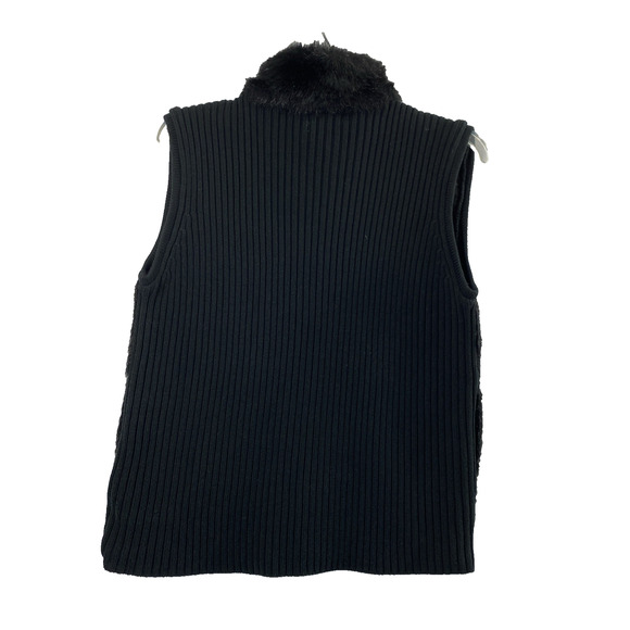 Kikit Faux Fur Front Vest Ribbed Sweater Back Womens Large Y2K Black Full Zip - Picture 2 of 11